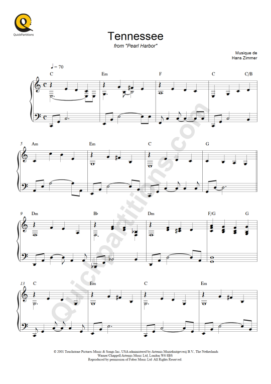 Tennessee (Pearl Harbor) Piano Sheet Music - Hans Zimmer