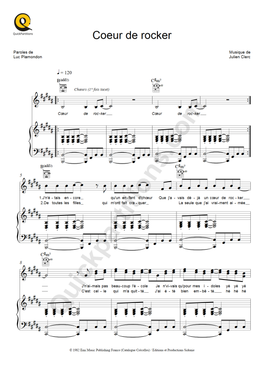 Partition piano Coeur de Rocker - Julien Clerc