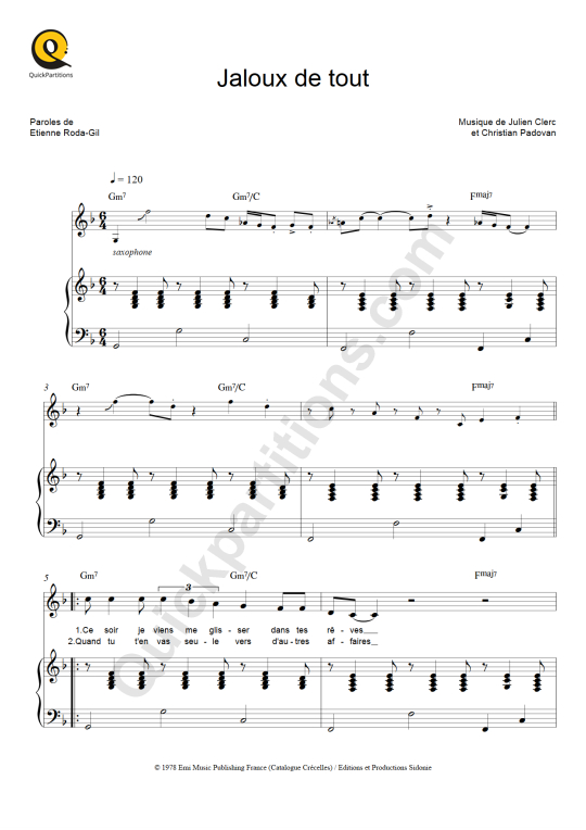 Partition piano Jaloux de tout - Julien Clerc
