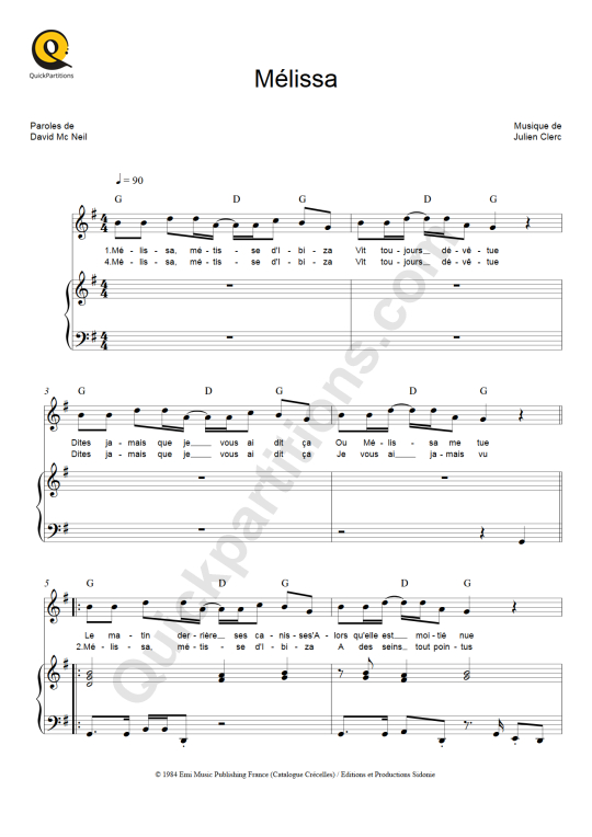 Partition piano Mélissa - Julien Clerc