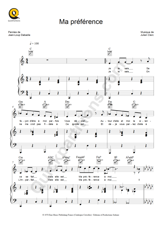 Ma préférence Piano Sheet Music - Julien Clerc