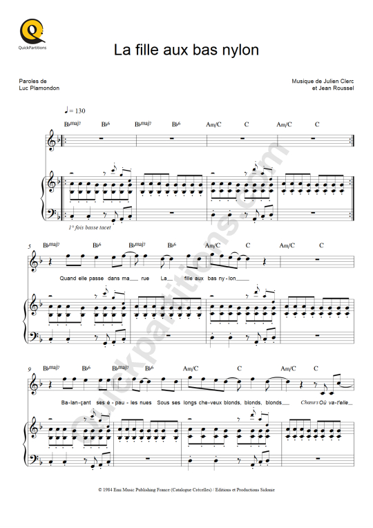 Partition piano La fille aux bas nylon - Julien Clerc