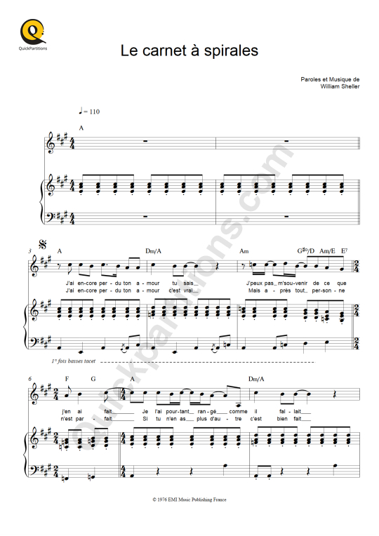Le carnet à spirales Piano Sheet Music - William Sheller