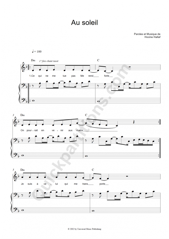 Partition piano Au soleil - Jenifer