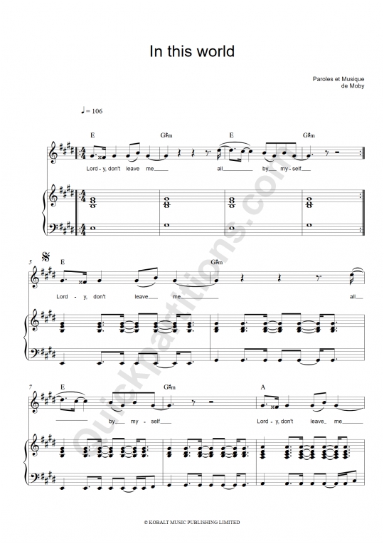 Partition piano In This World - Moby
