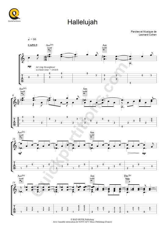 Tablature Guitare Hallelujah - Jeff Buckley