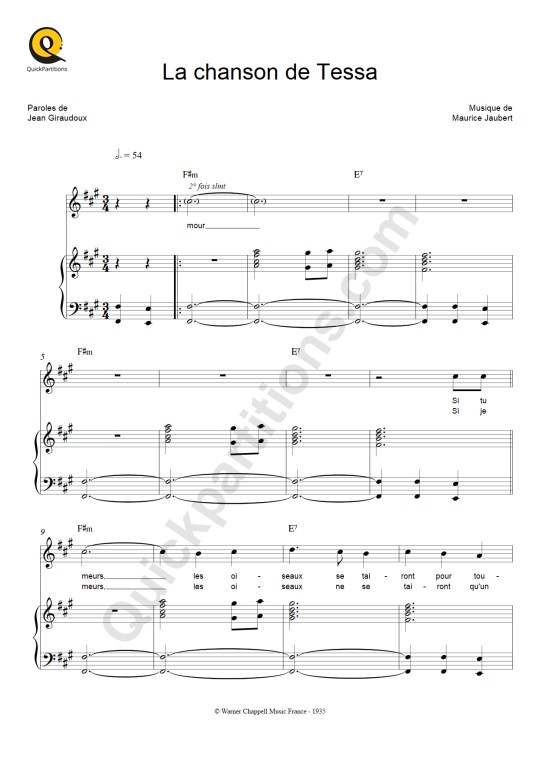 La chanson de Tessa Piano Sheet Music - Michèle Arnaud