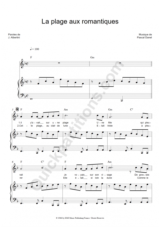 La plage aux romantiques Piano Sheet Music - Pascal Danel