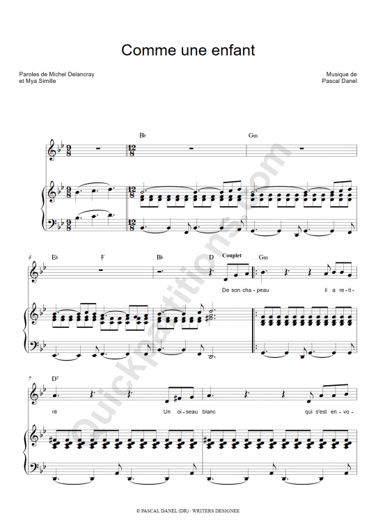 Comme une enfant Piano Sheet Music - Pascal Danel