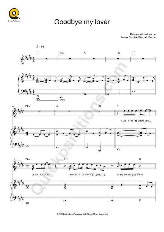 Goodbye My Lover Piano Sheet Music - James Blunt
