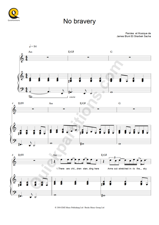Partition piano No Bravery - James Blunt