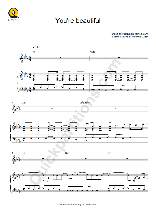 You're Beautiful Piano Sheet Music - James Blunt