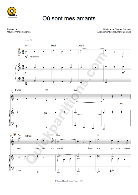 Partition piano Où sont mes amants - Frehel