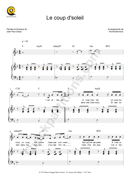 Le coup d'soleil Piano Sheet Music - Richard Cocciante