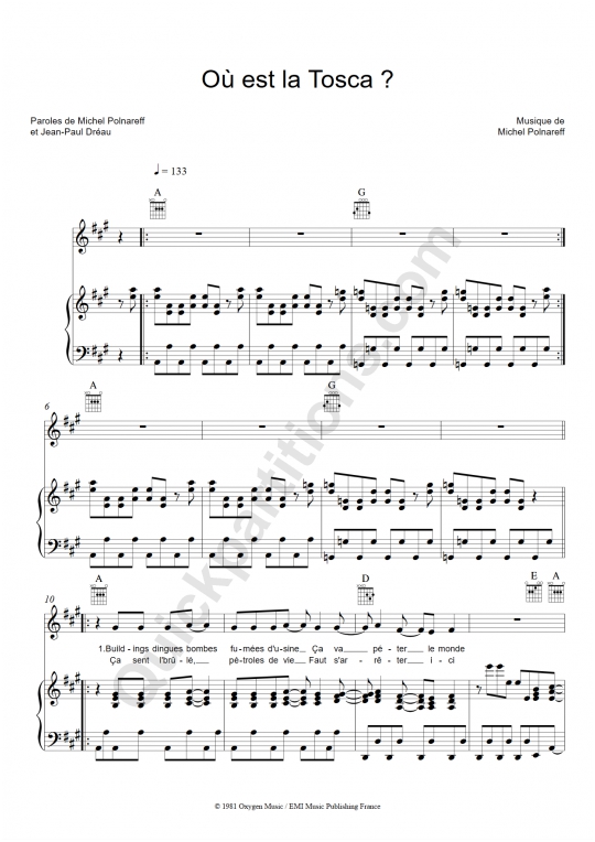 Partition piano Où est la Tosca - Michel Polnareff