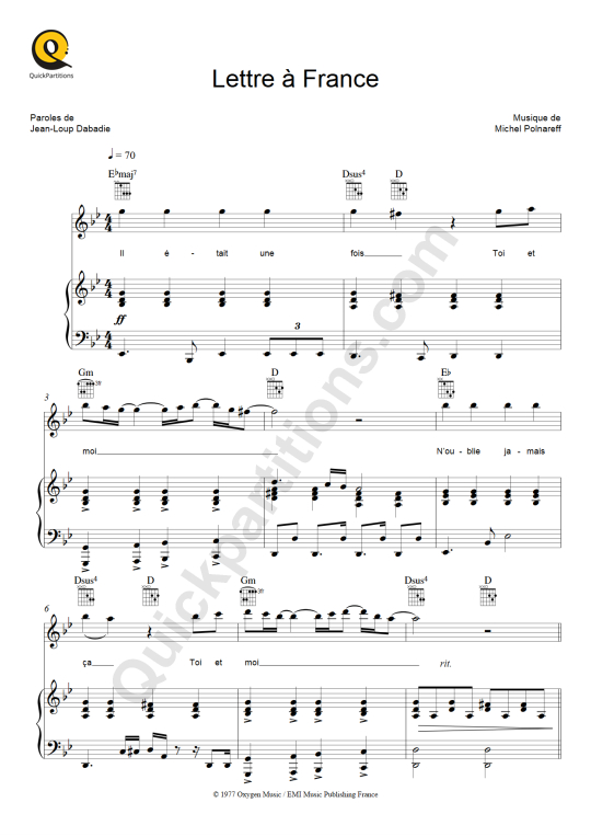 Partition piano Lettre à France - Michel Polnareff