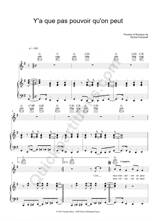Partition piano Y'a que pas pouvoir qu'on peut - Michel Polnareff