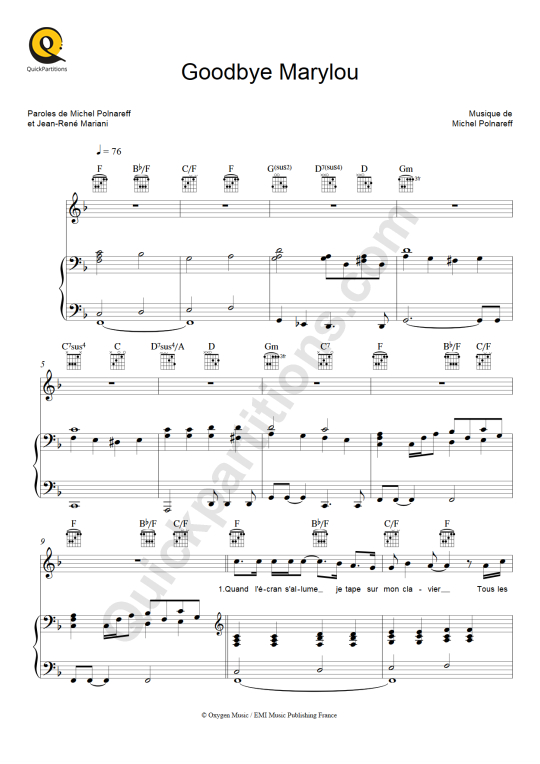 Goodbye Marylou Piano Sheet Music - Michel Polnareff