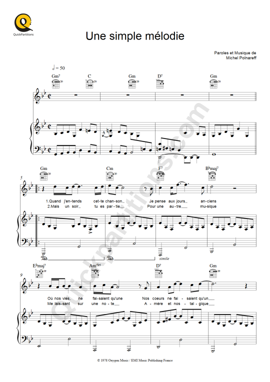 Partition piano Une simple mélodie - Michel Polnareff