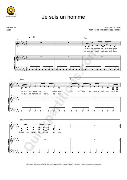 Partition piano Je suis un homme - Michel Polnareff