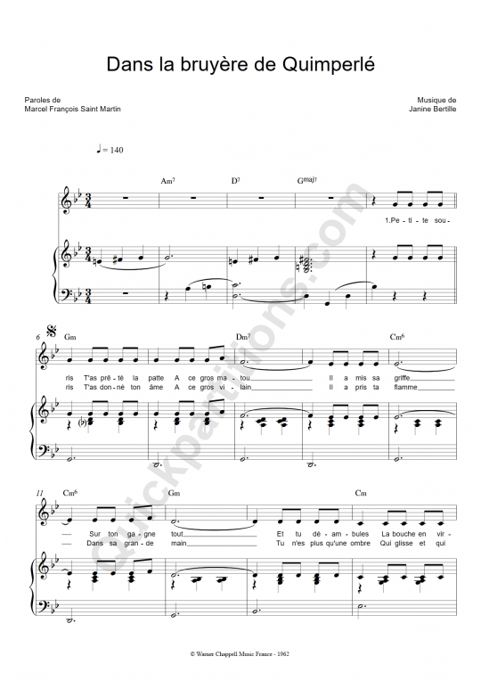 Partition piano Dans la bruyère de Quimperlé - Bourvil