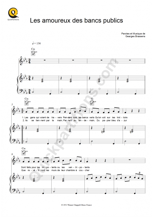 Les amoureux des bancs publics Piano Sheet Music - Georges Brassens