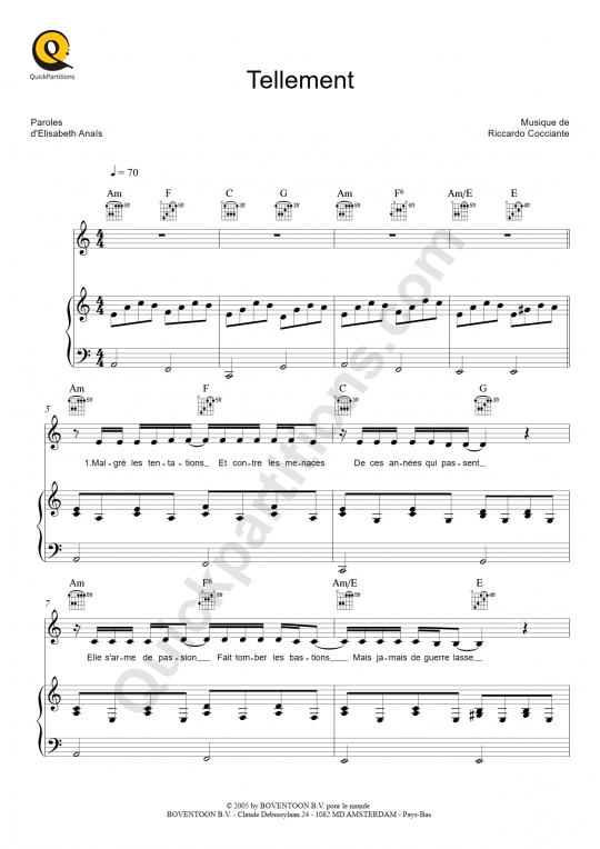 Tellement Piano Sheet Music - Richard Cocciante