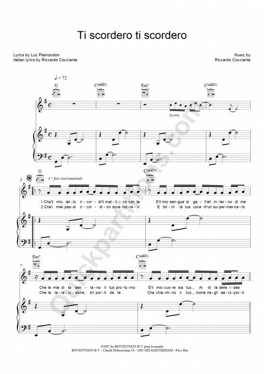 Ti Scorderò , Ti Scorderò  Piano Sheet Music - Richard Cocciante