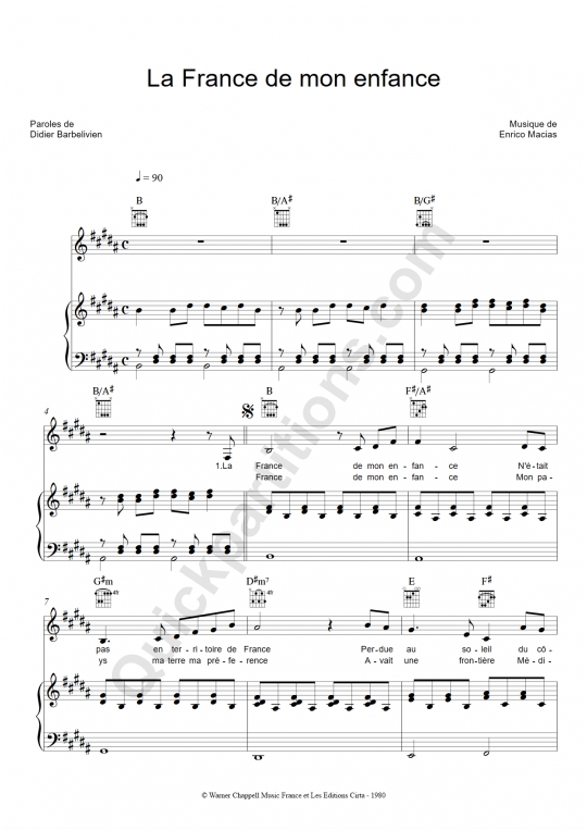 Partition piano La France de mon enfance - Enrico Macias