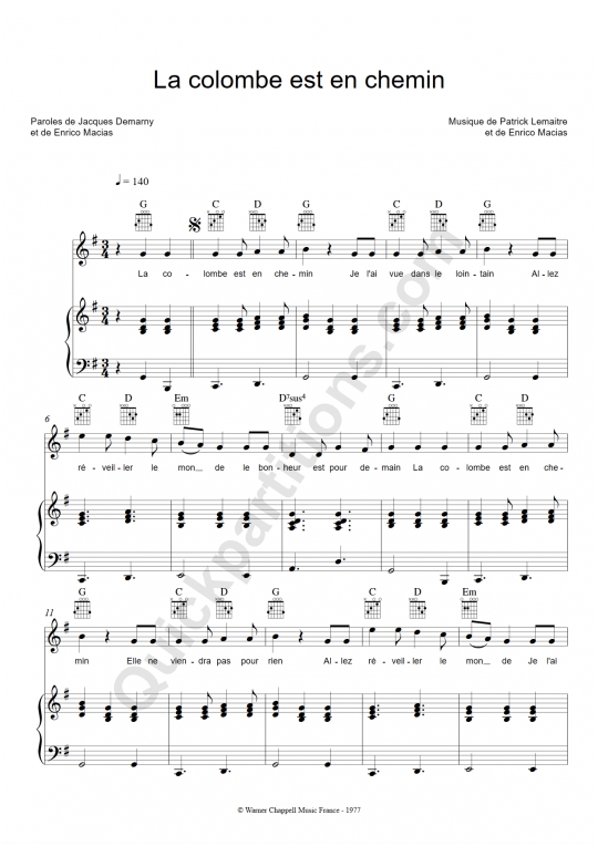 Partition piano La colombe est en chemin - Enrico Macias