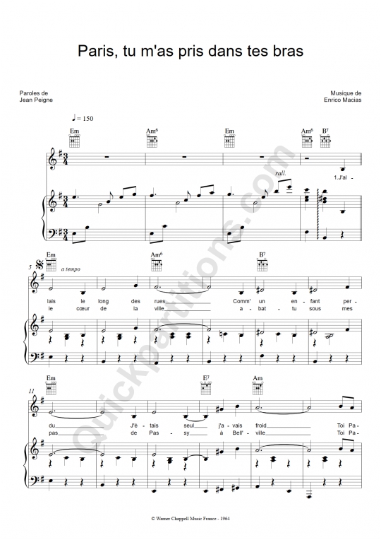 Paris tu m'as pris dans tes bras Piano Sheet Music - Enrico Macias