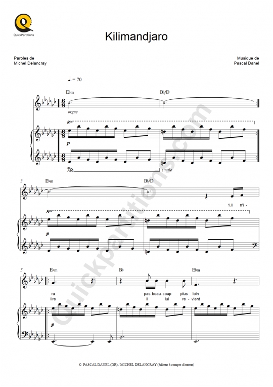 Partition piano Kilimandjaro - Pascal Danel