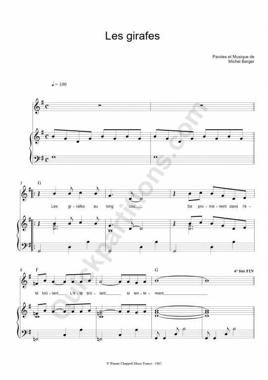 Les girafes Piano Sheet Music - Bourvil