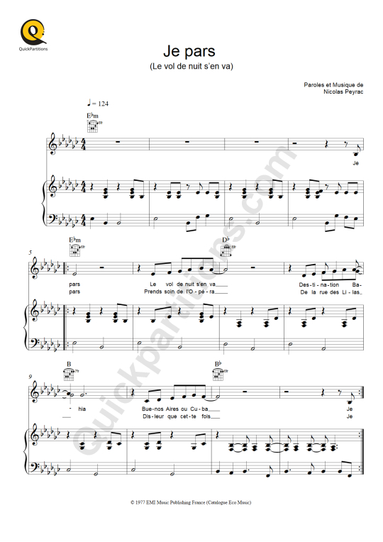 Partition piano Je pars (le vol de nuit s'en va) - Nicolas Peyrac