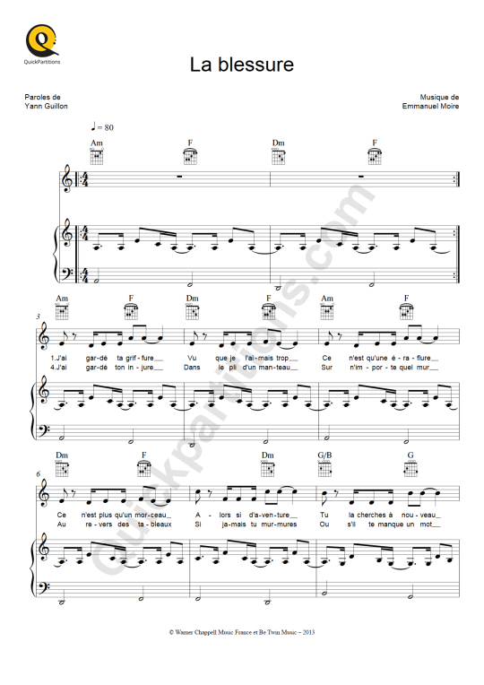 Partition piano La blessure - Emmanuel Moire