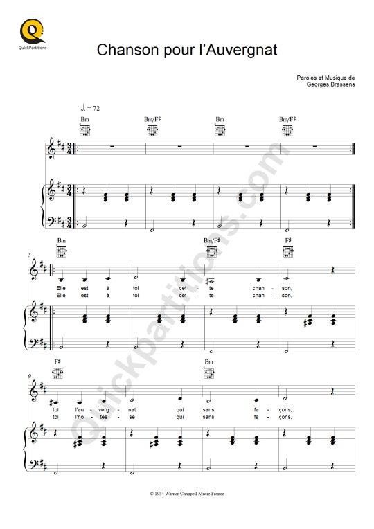 Chanson pour l'Auvergnat Piano Sheet Music - Georges Brassens