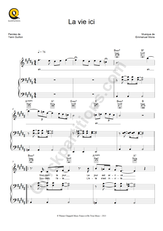 Partition piano La vie ici - Emmanuel Moire
