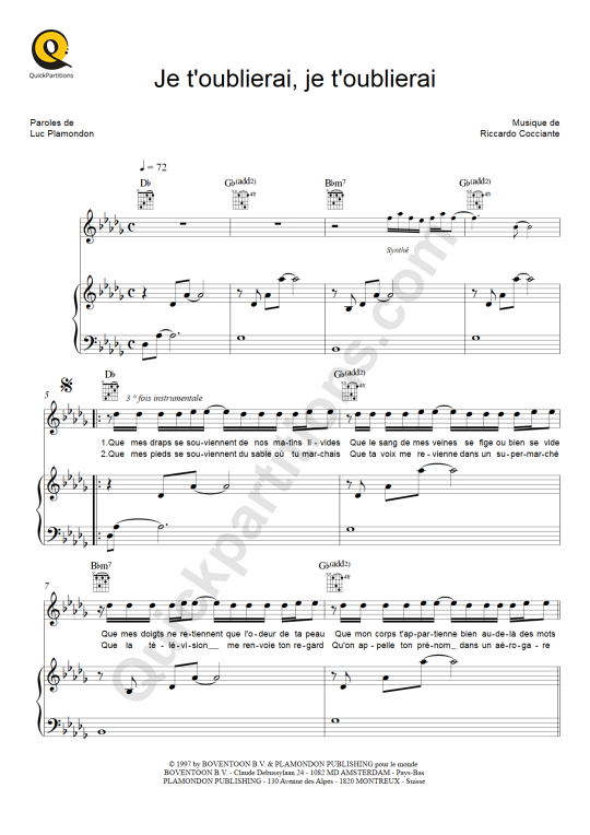 Je t'oublierai, je t'oublierai Piano Sheet Music - Isabelle Boulay
