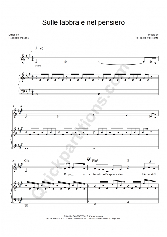 Sulle Labbra E Nel Pensiero Piano Sheet Music - Richard Cocciante