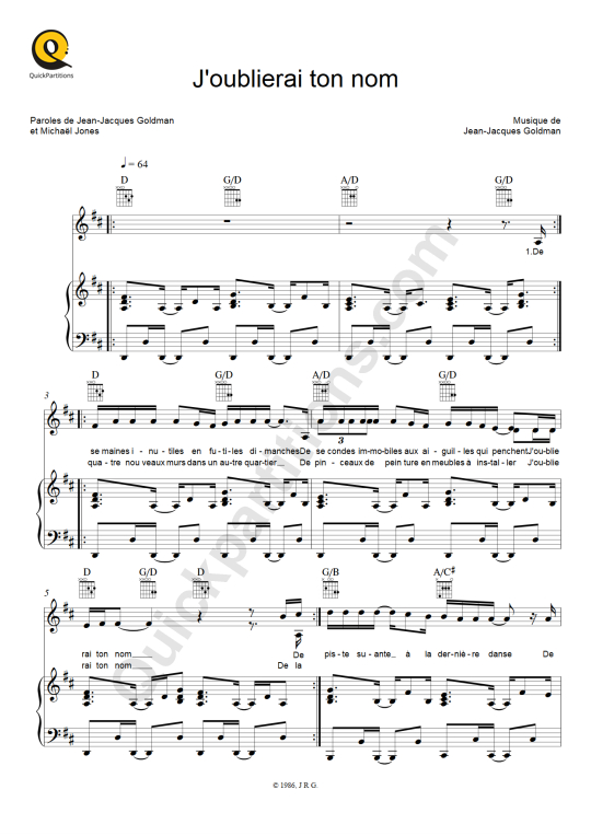 J'oublierai ton nom Piano Sheet Music - Johnny Hallyday