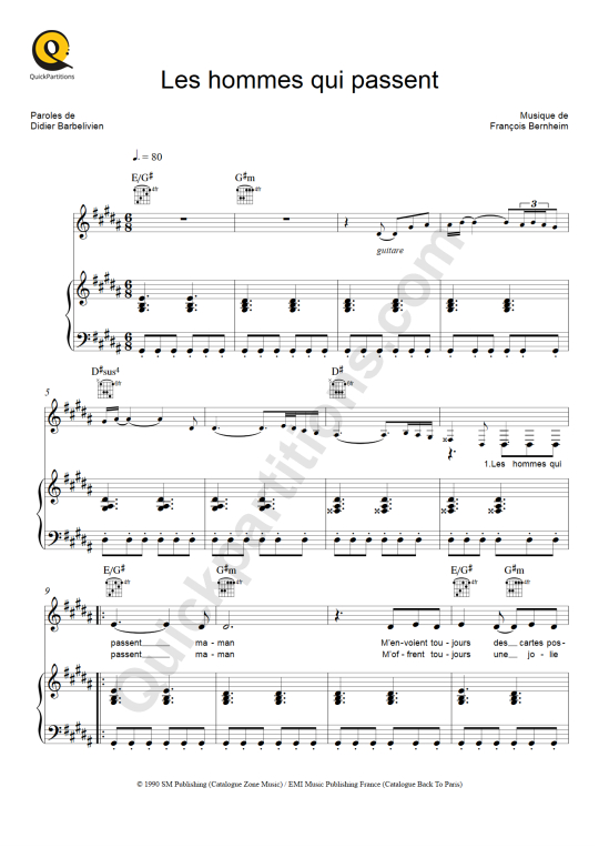 Partition piano Les hommes qui passent - Patricia Kaas