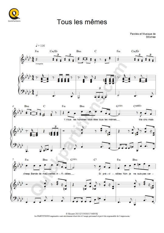 Partition piano Tous les mêmes - Stromae
