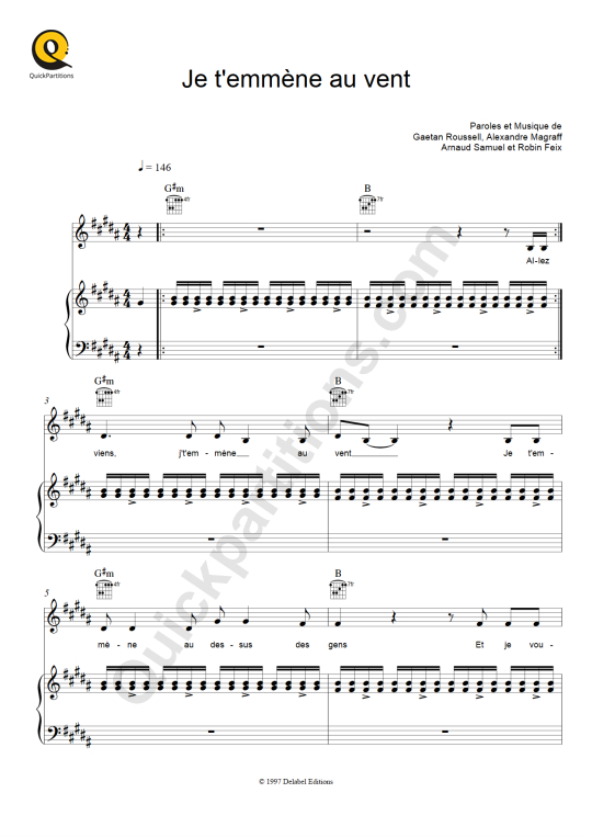 Je t'emmène au vent Piano Sheet Music - Louise Attaque