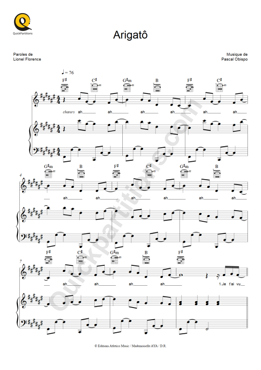 Arigatô Piano Sheet Music - Pascal Obispo