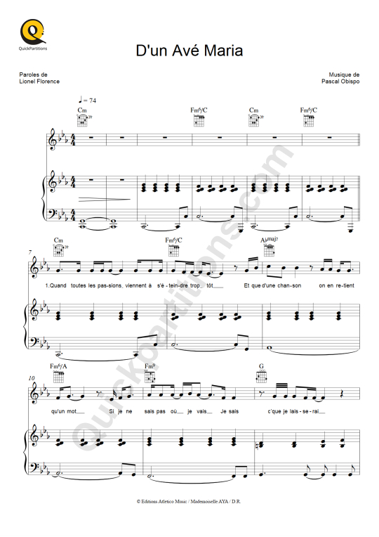 D'un Avé Maria Piano Sheet Music - Pascal Obispo