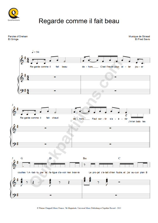 Regarde comme il fait beau Piano Sheet Music - Casseurs Flowters