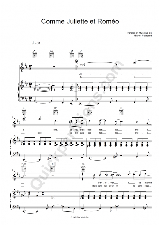Partition piano Comme Juliette et Roméo - Michel Polnareff