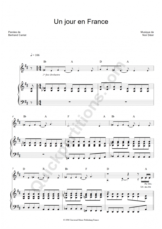 Un jour en france Piano Sheet Music - Noir Désir