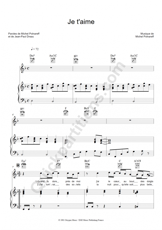 Je t'aime Piano Sheet Music - Michel Polnareff