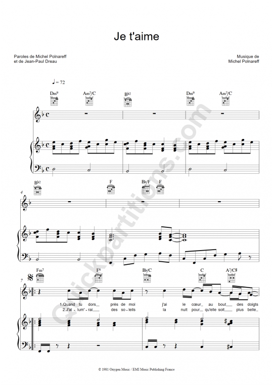 Partition piano Je t'aime - Michel Polnareff